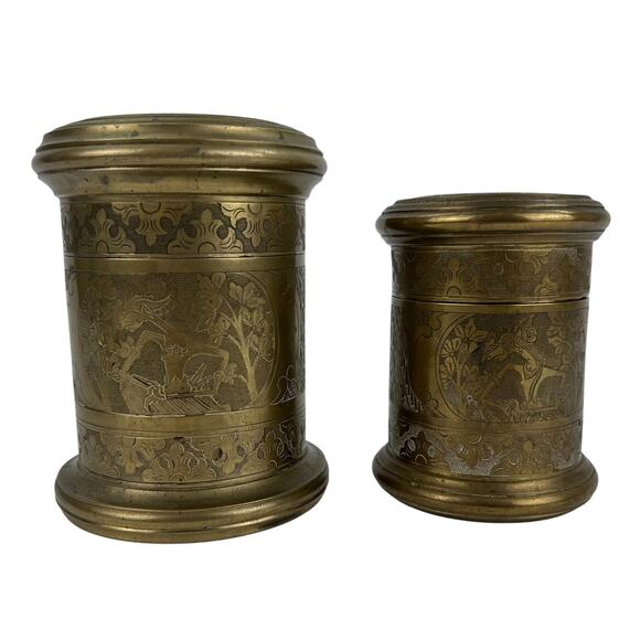 2 Vintage Brass Canister Jar Urn Humidor Etched Floral & Figural Design - Picture 1 of 11